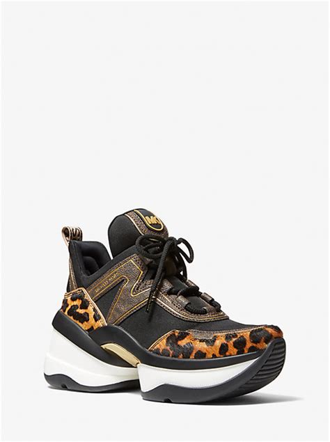 michael michael kors olympia leopard calf hair and leather trainer|Michael Kors Olympia Trainer Sneakers .